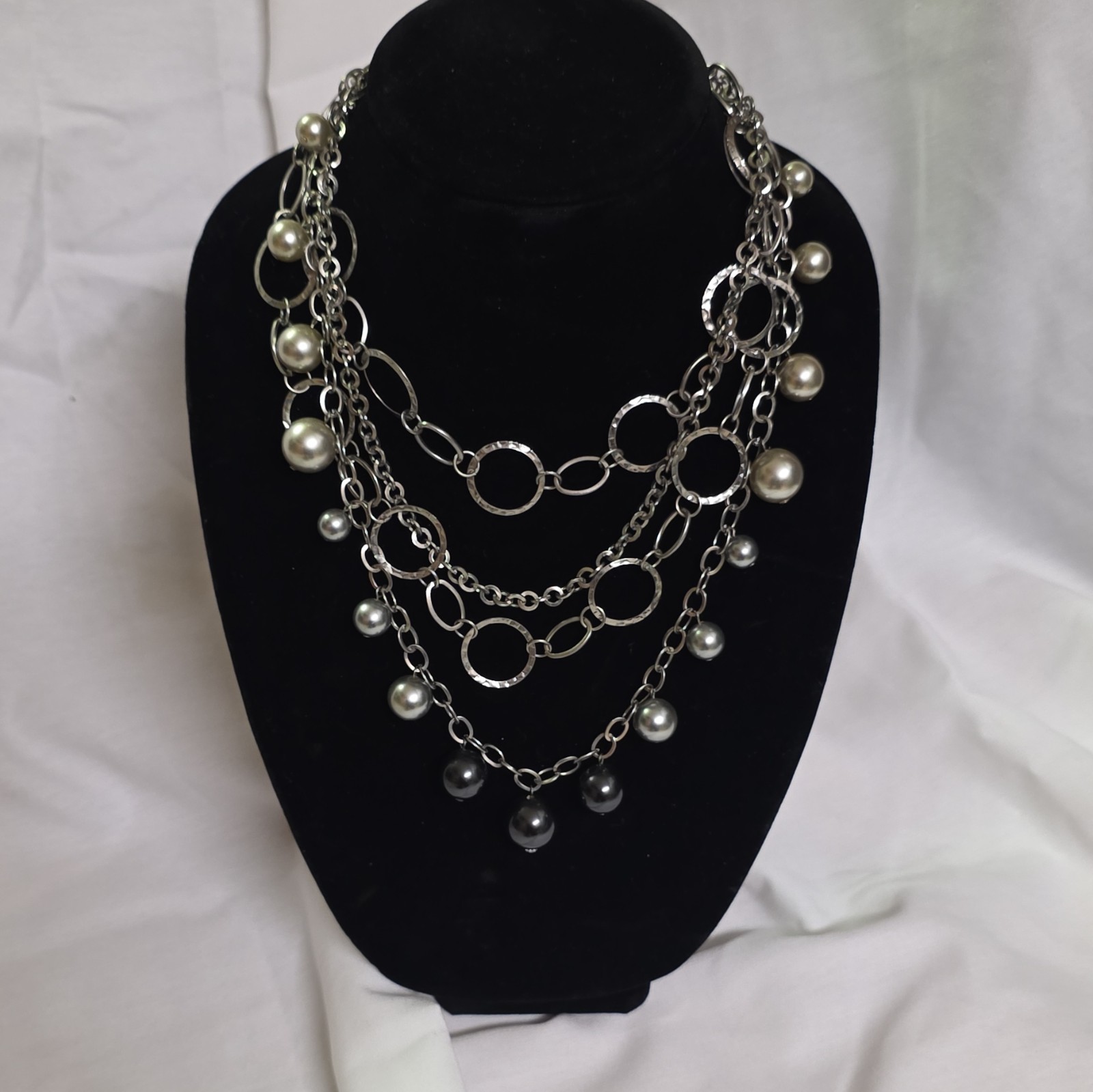 Layered Silver Tone Cable Chain Necklace w/ Simulated Pearl Beads, Adjustable