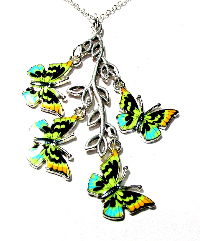 Silver Tone Blue Yellow & Black Butterflies On Branch 18″ Necklace -NWOT (#3118)