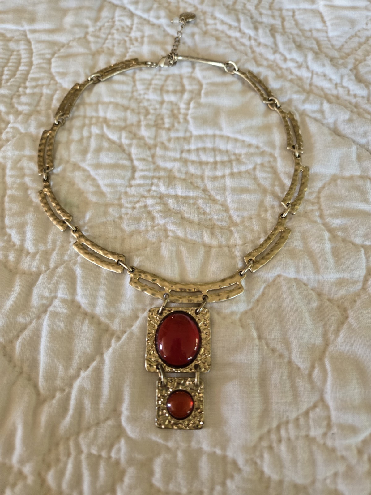 2000 Necklace Red Orange Acrylic Cabochon Y2K Textured Metal Dana Buchman Statem