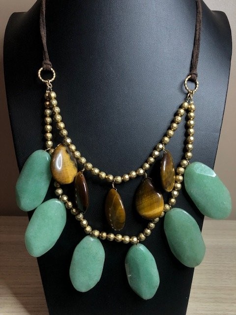 B4257 ABS Statement Bib Necklace Chunky Aventurine Tiger Eye Gold Tone 20-22″