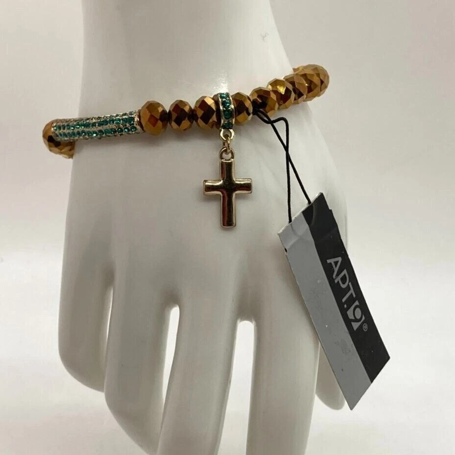 APT. 9 Gold Tone Stretch Bracelet with Faceted Beads & Green Pave Cross Charm