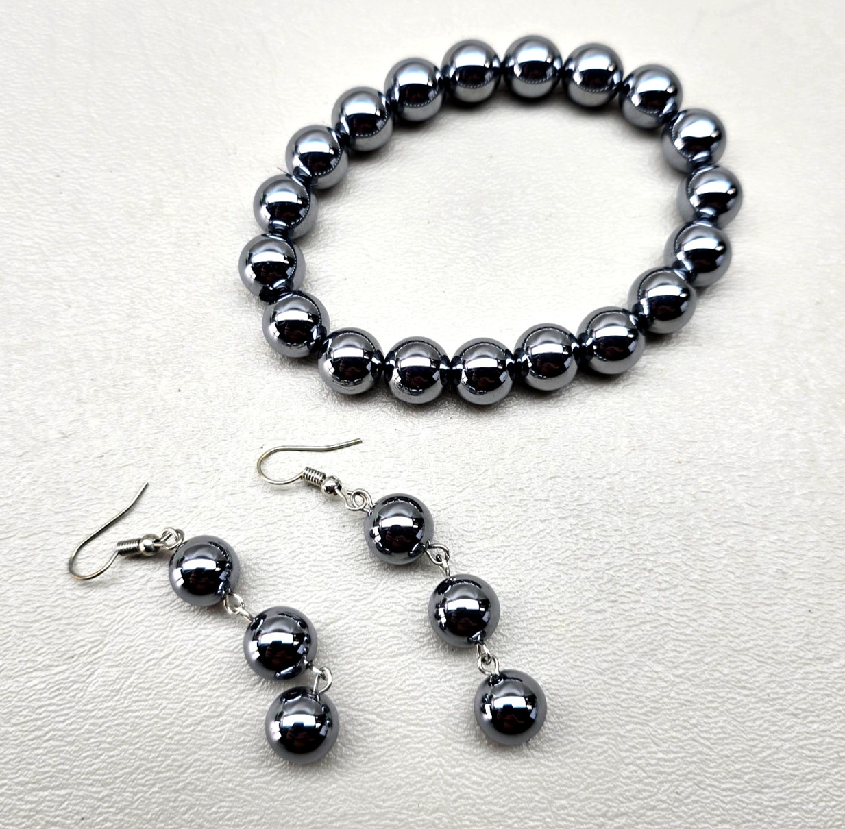 Bracelet Earrings Set Modern Beaded and Dangle Gunmetal Tone 6.5 Inch