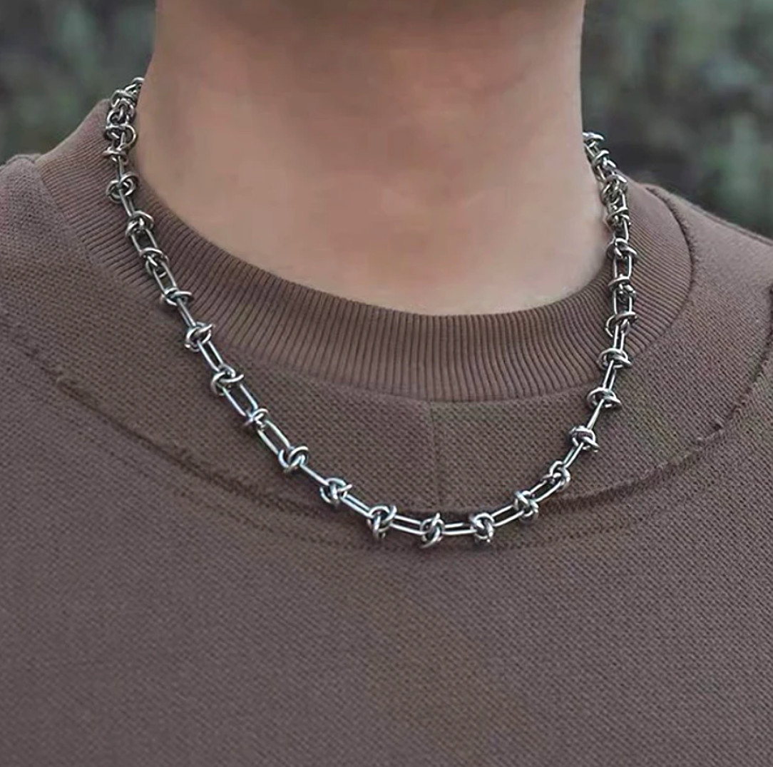Punk Rock Emo Goth Silver Stainless Steel Knotted Metal Chain Necklace – 16.5″