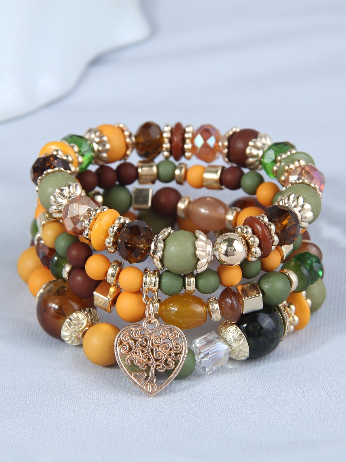 4pcs/set Tree Charm Brown Yellow Green Beaded Bracelet Women Bracelet Stackable