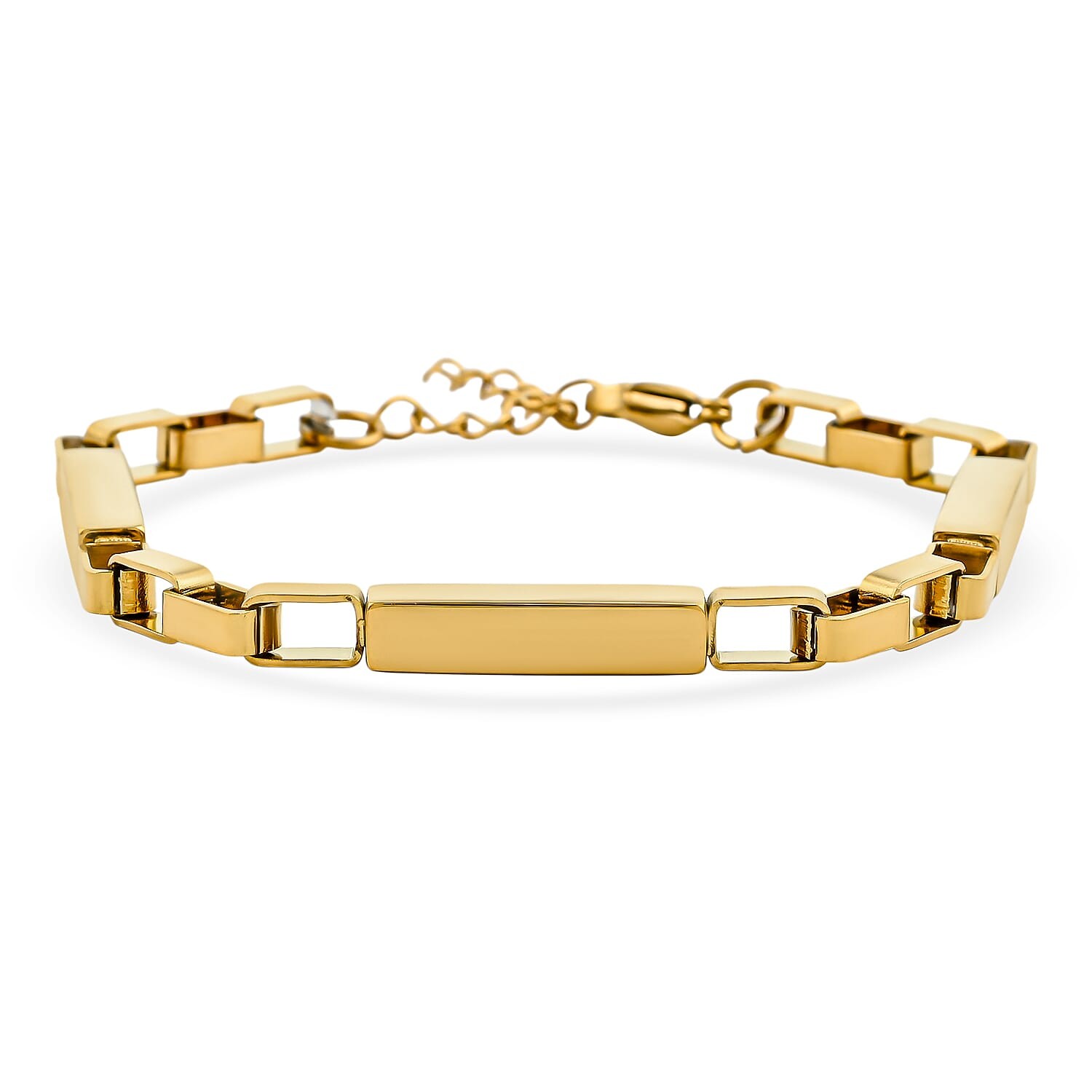 Rectangular Link Cha Bracelet ION Plated Yellow Gold Stainless Steel 7.5-9.0In
