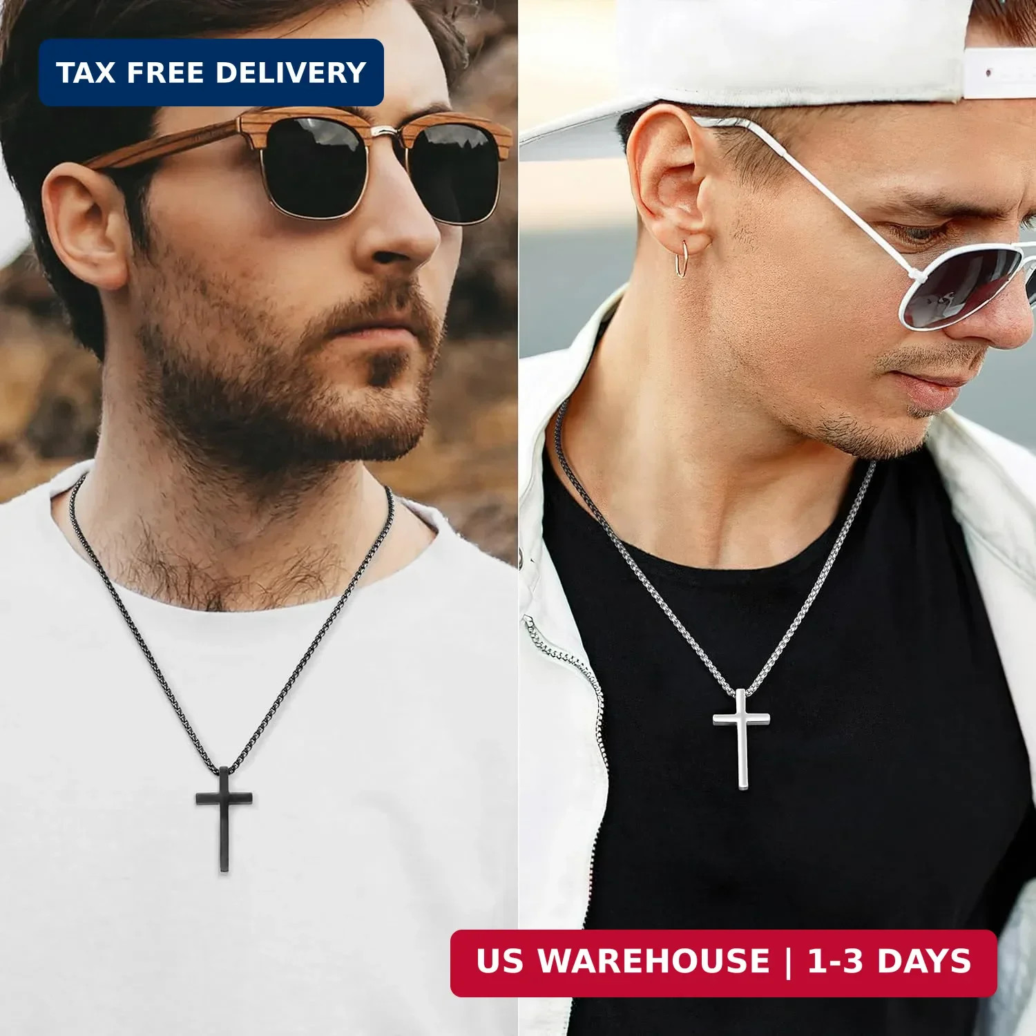 Romass 2 Pcs Cross Necklace for Men Teen Boys,Stainless Steel Pendants Silver Bl