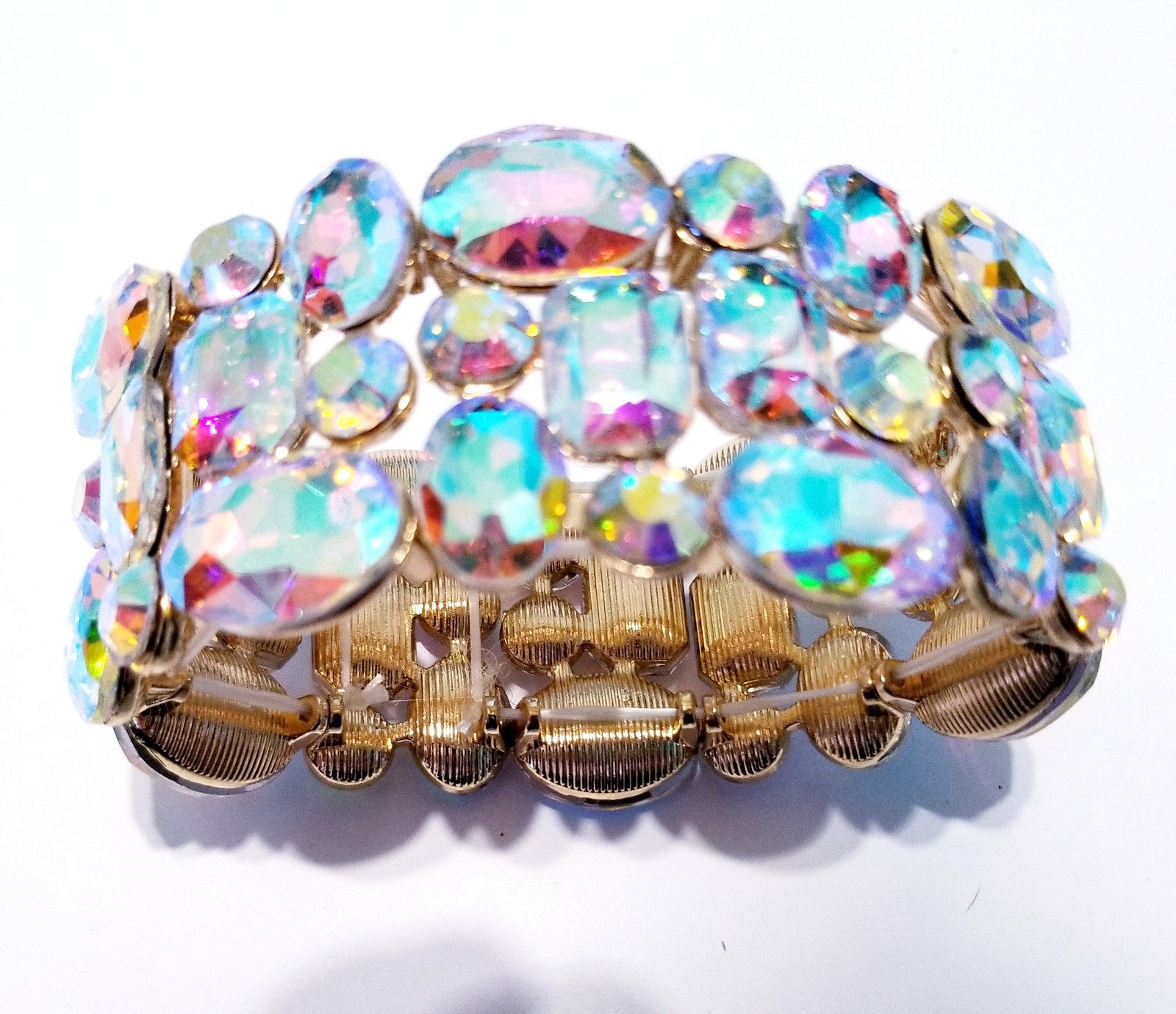 Iridescent Gold Rhinestone Stretch Bracelet Statement Drag Pageant Prom Bridal