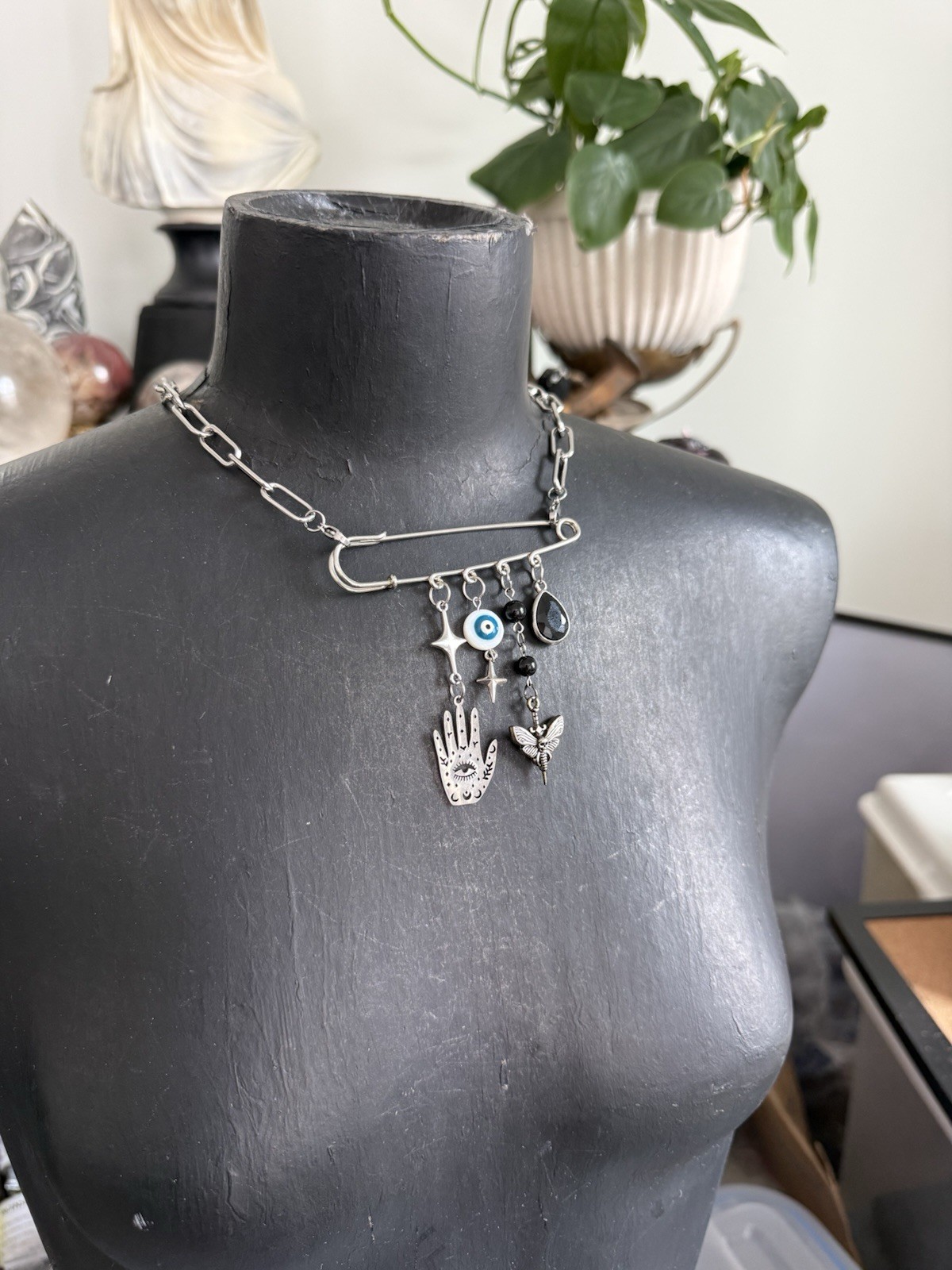 Protection Necklace Large Safety Pin Pendant Dangle Charm Charms brooch witchy