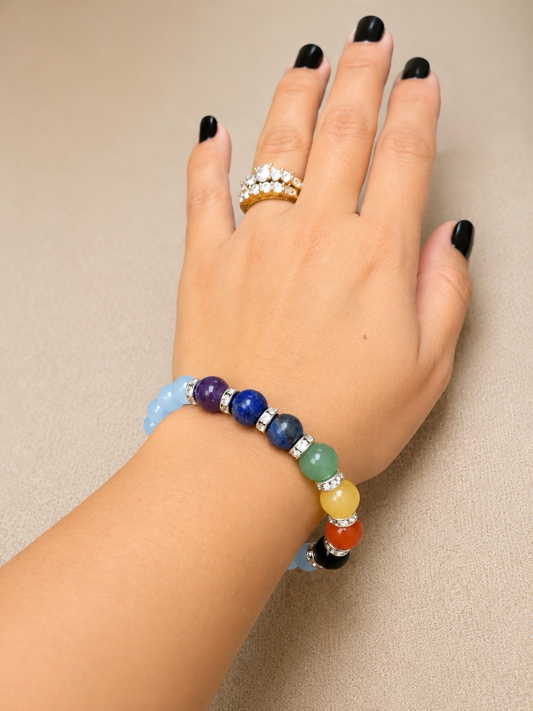 7 Chakra Natural Stone Beaded Bracelet with Crystal Spacers