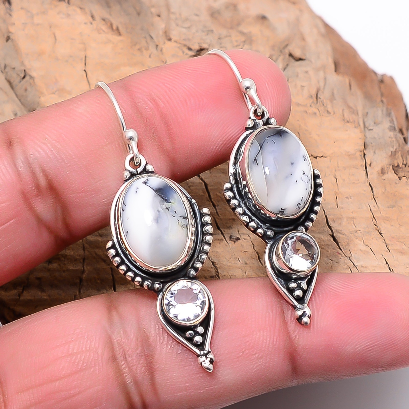 Dendritic Agate – Brazil & White Topaz Oxidised 925 Silver Earring 1.82 E1095413