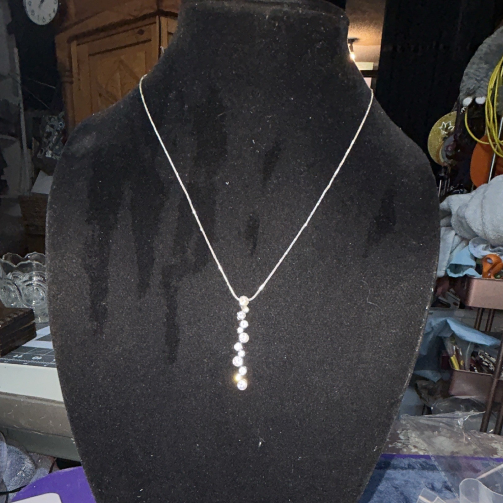 Silver 925 Chain Necklace Bezel Set Clear Round Drop Charm Pendant