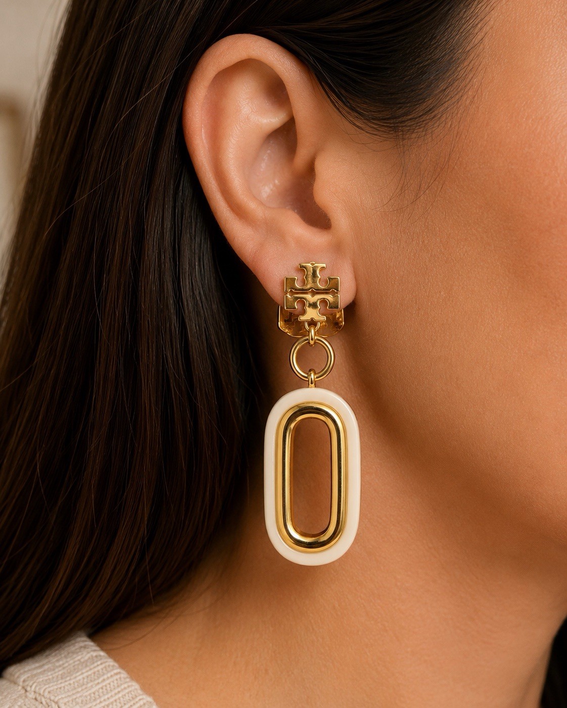 Retired Tory Burch Double T Clip-On Drop Earrings Gold Tone Ivory Enamel Resin