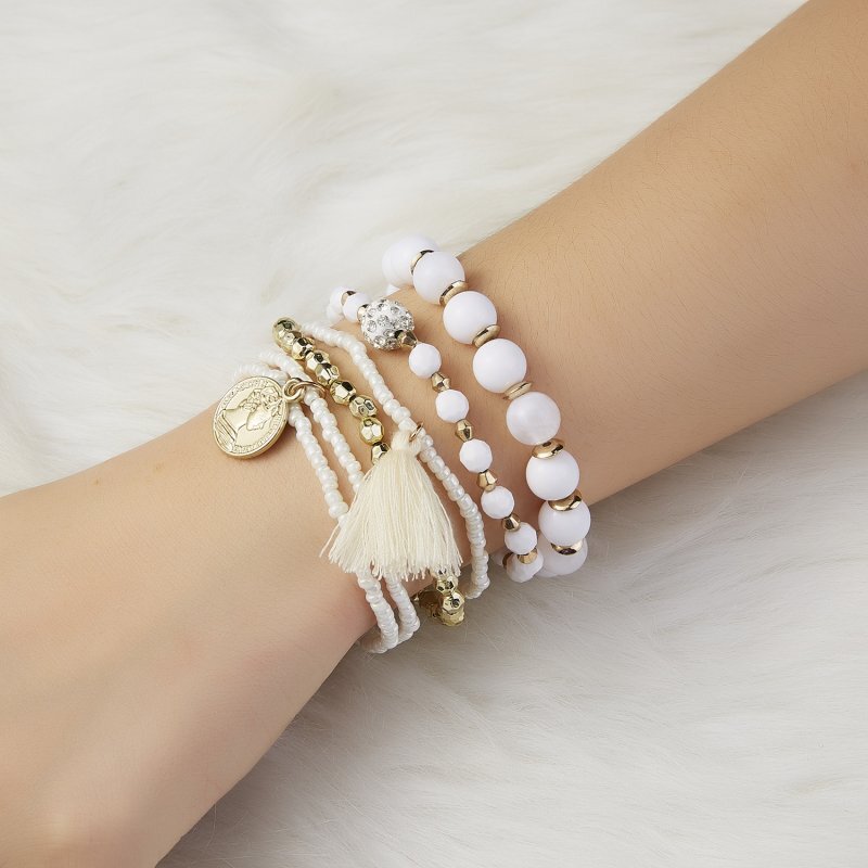 Fashion 6Pcs/Set Boho Tassel Crystal Multilayer Women Bangle Beaded Bracelet New