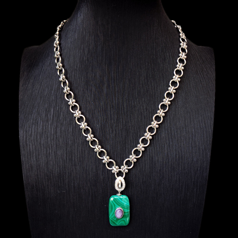 Natural Rectangle Pendant Handmade Chain Necklace Malachite Charoite Jewelry