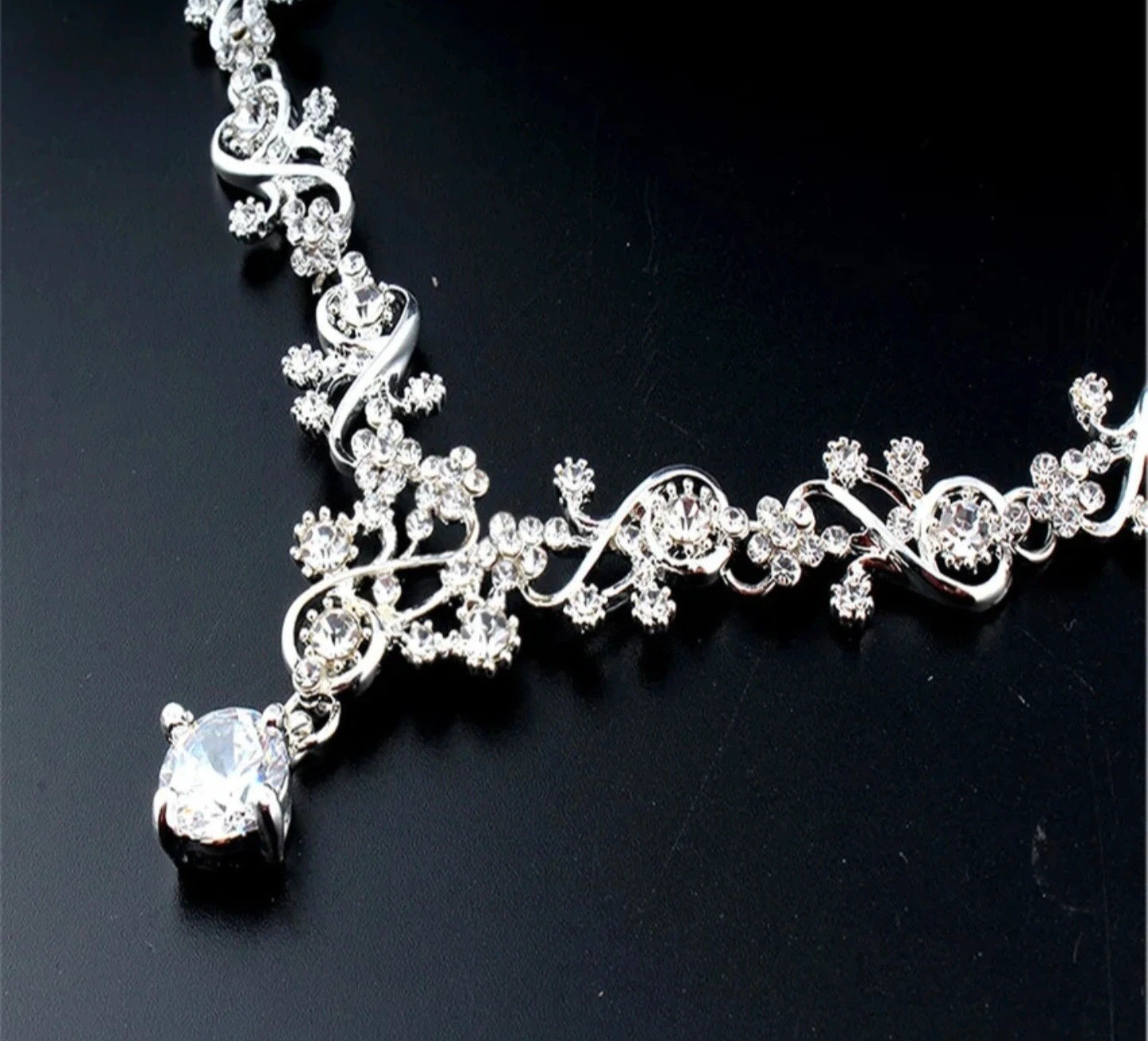 Silver Plated Clear Rhinestone Adjustable Necklace & Earrings Set