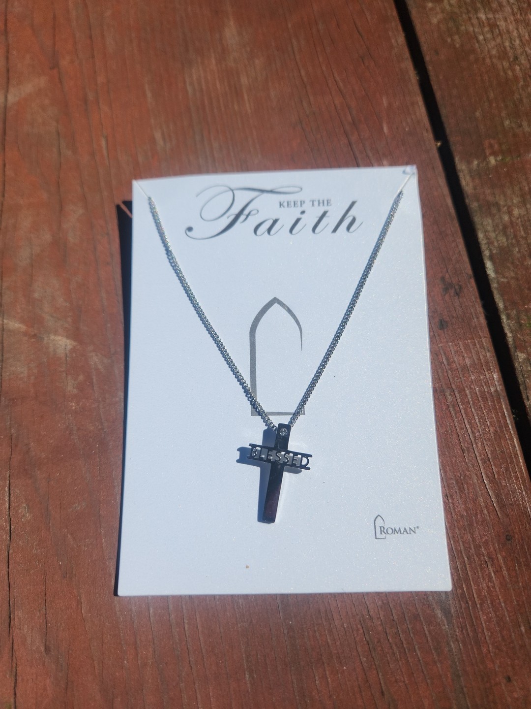 Roman Inc Stainless Steel Cross “BLESSED” Necklace Womens Chruch With Crystal