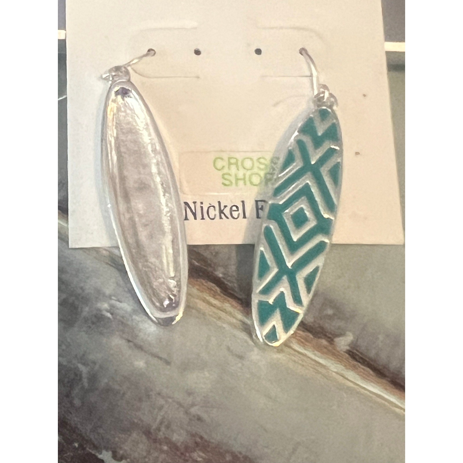 NWT Chaps Nickle Free Dangling Earrings Chrome & Teal Oval Shaped Tribal Design