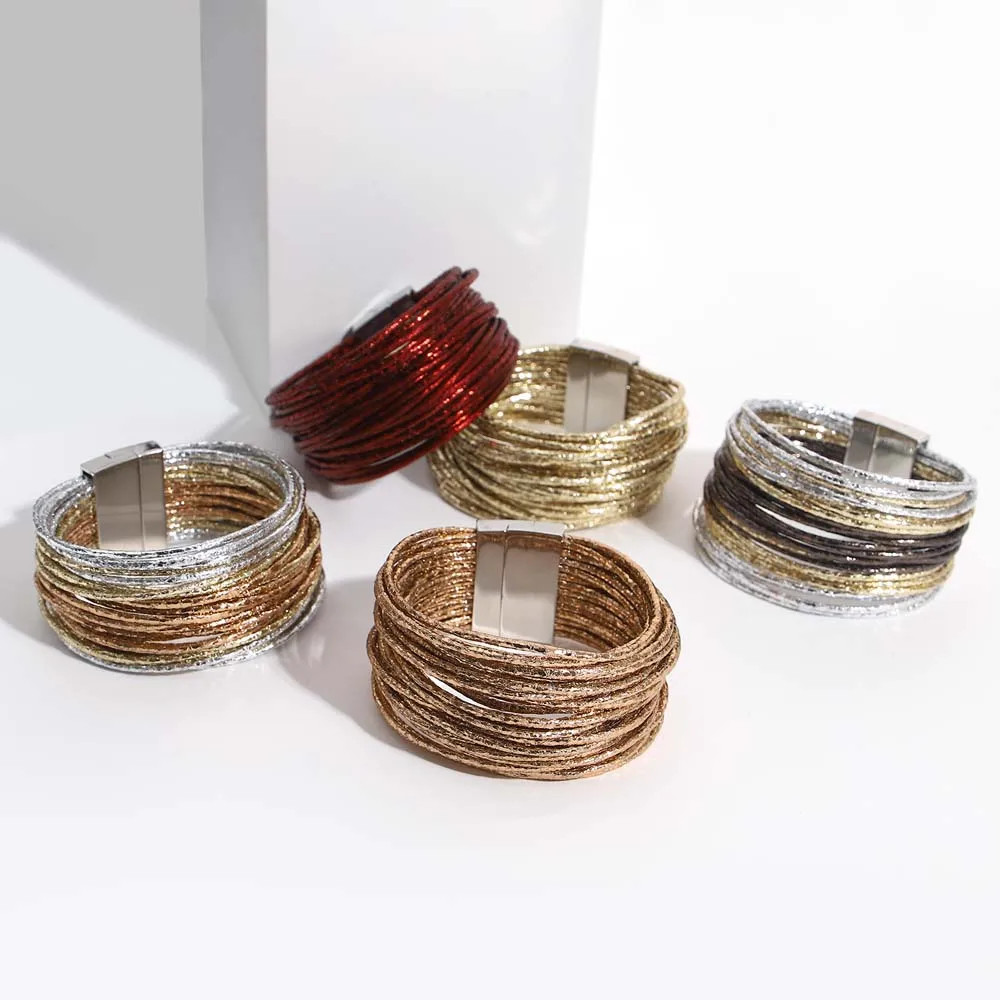 Triple Color Leather Wrap Bracelet Multilayer Slim Glitter Rope Chain Women