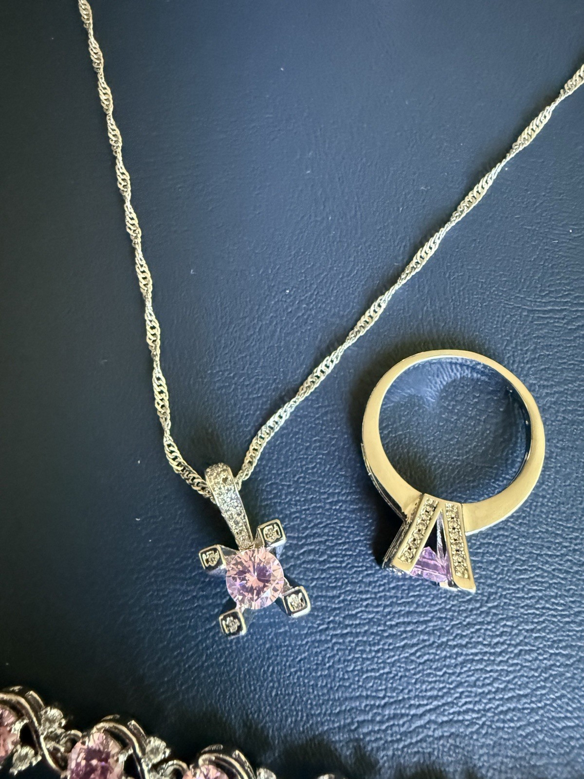 Pink and Gold Jewelry Set with Pink Stones – Earrings, Necklace, Bracelet, Ring
