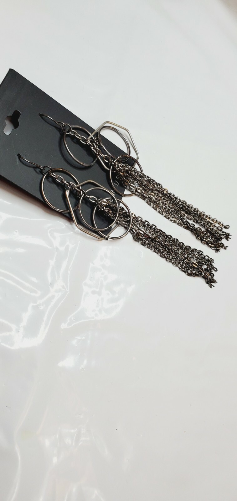 Black Metallic French Wire Earrings Circles W Chains Made IN USA New 4.5 Inch