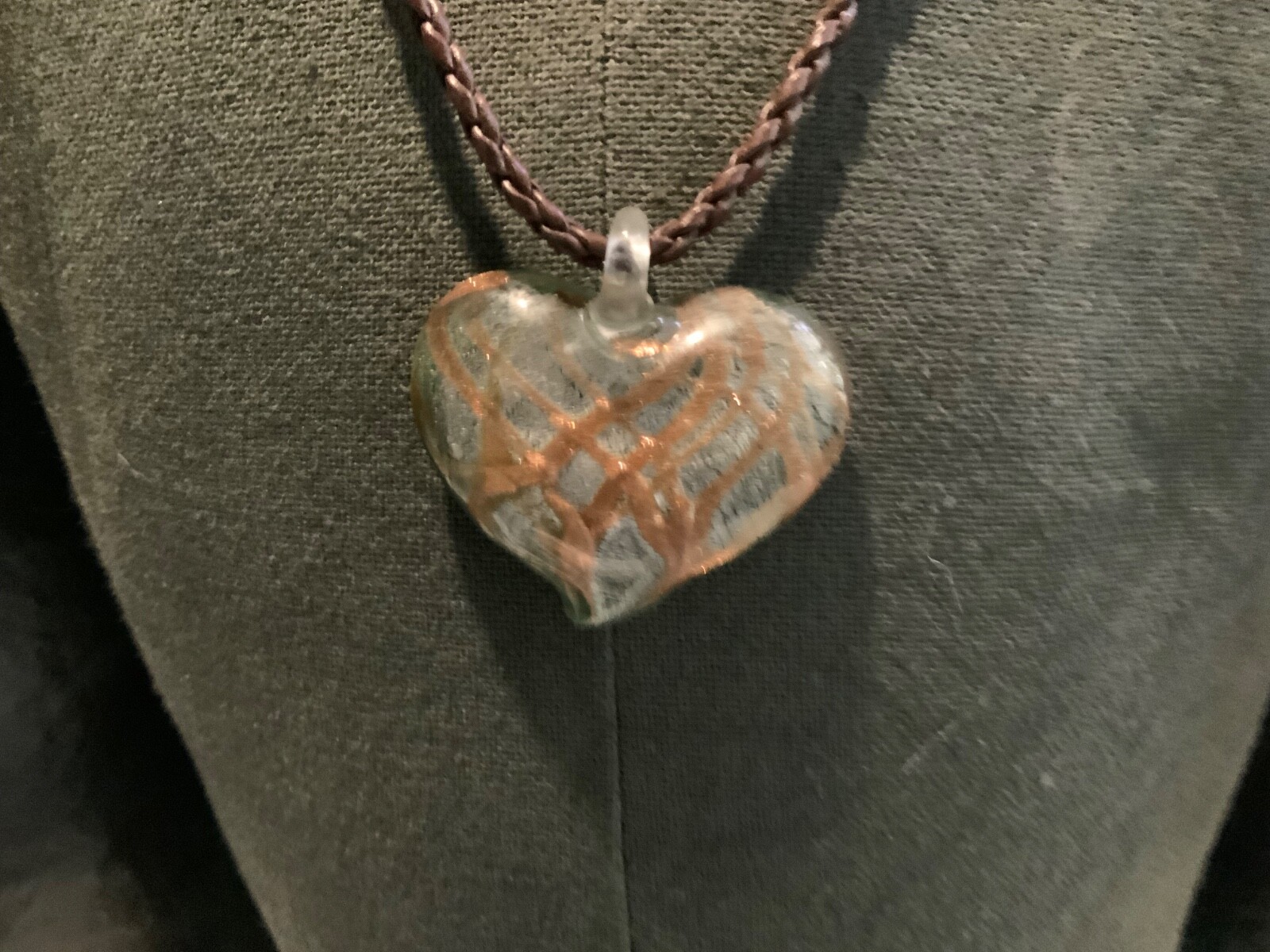 CHICOS Necklace leather chain ,metal, & glass pendant new without tags see photo