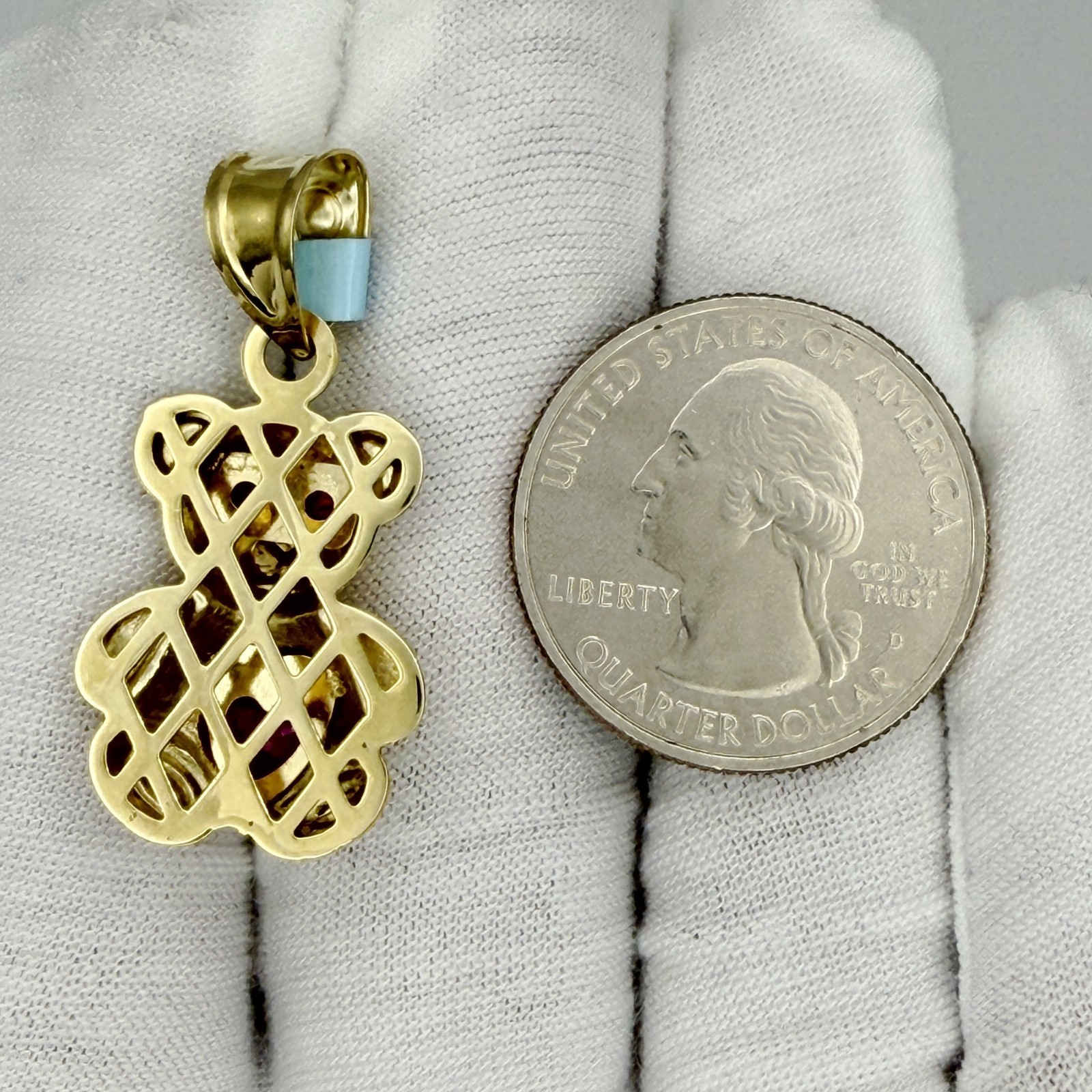 10k Two-tone Gold Red White Heart Round Cubic-Zirconia Teddy Bear Charm Pendant