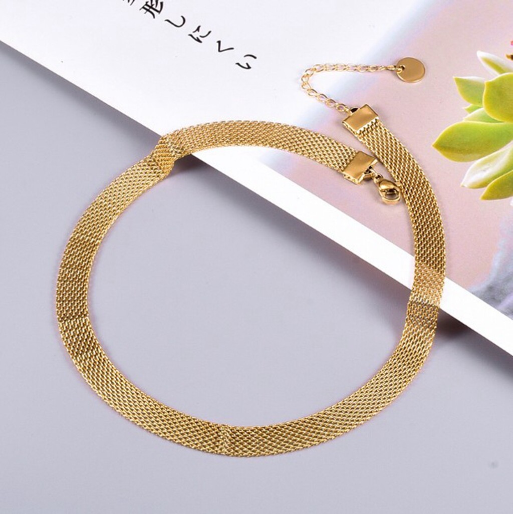 Women Girl Titanium Stainless Steel Gold 8mm Mesh Rope Choker Necklace 13.5-15″