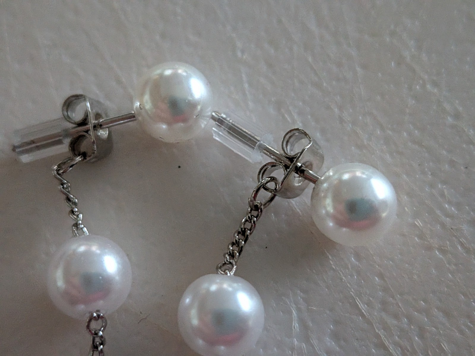 Beautiful Dochais Dangly Faux Pearl Silver Tone Earrings, Boxed.