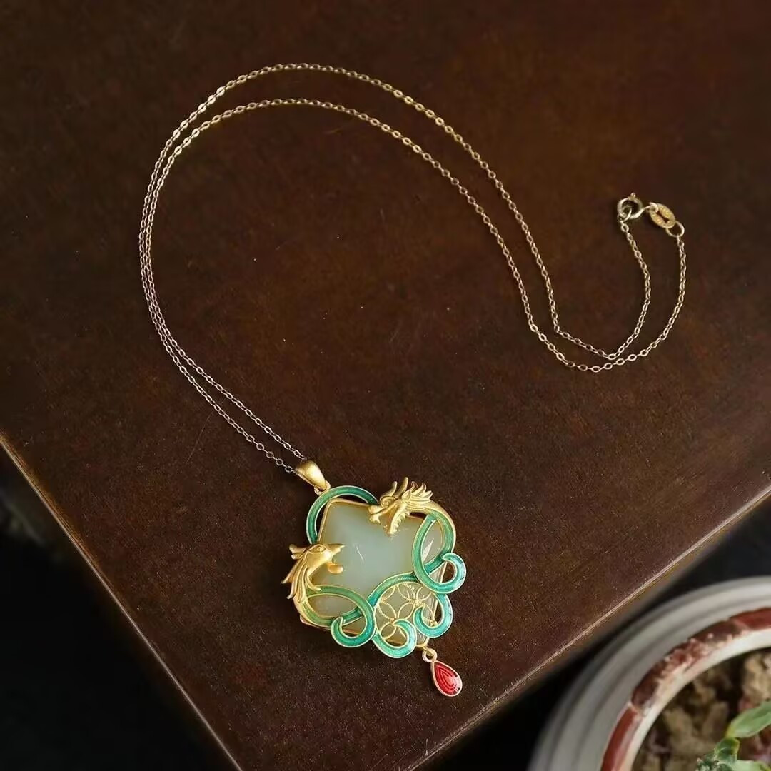 Jade Dragon Phoenix Shape Pendant Jewelry 18K Gold Plated Necklace 45CM Gift NEW