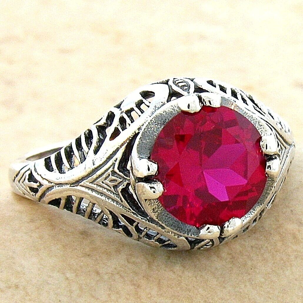DECO ANTIQUE STYLE 925 STERLING SILVER 2.50 CARAT LAB-CREATED RUBY RING #684