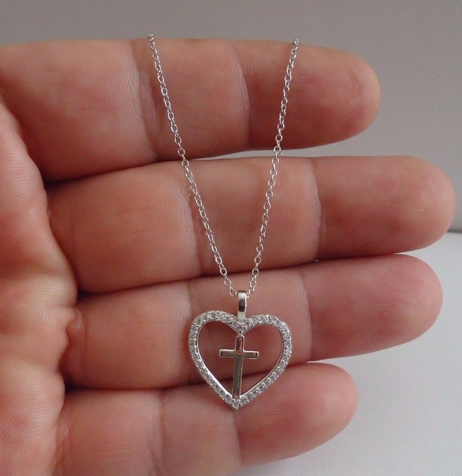 HEART & CROSS NECKLACE PENDANT W/ LAB CRAETED DIAMONDS 925 STERLING SILVER