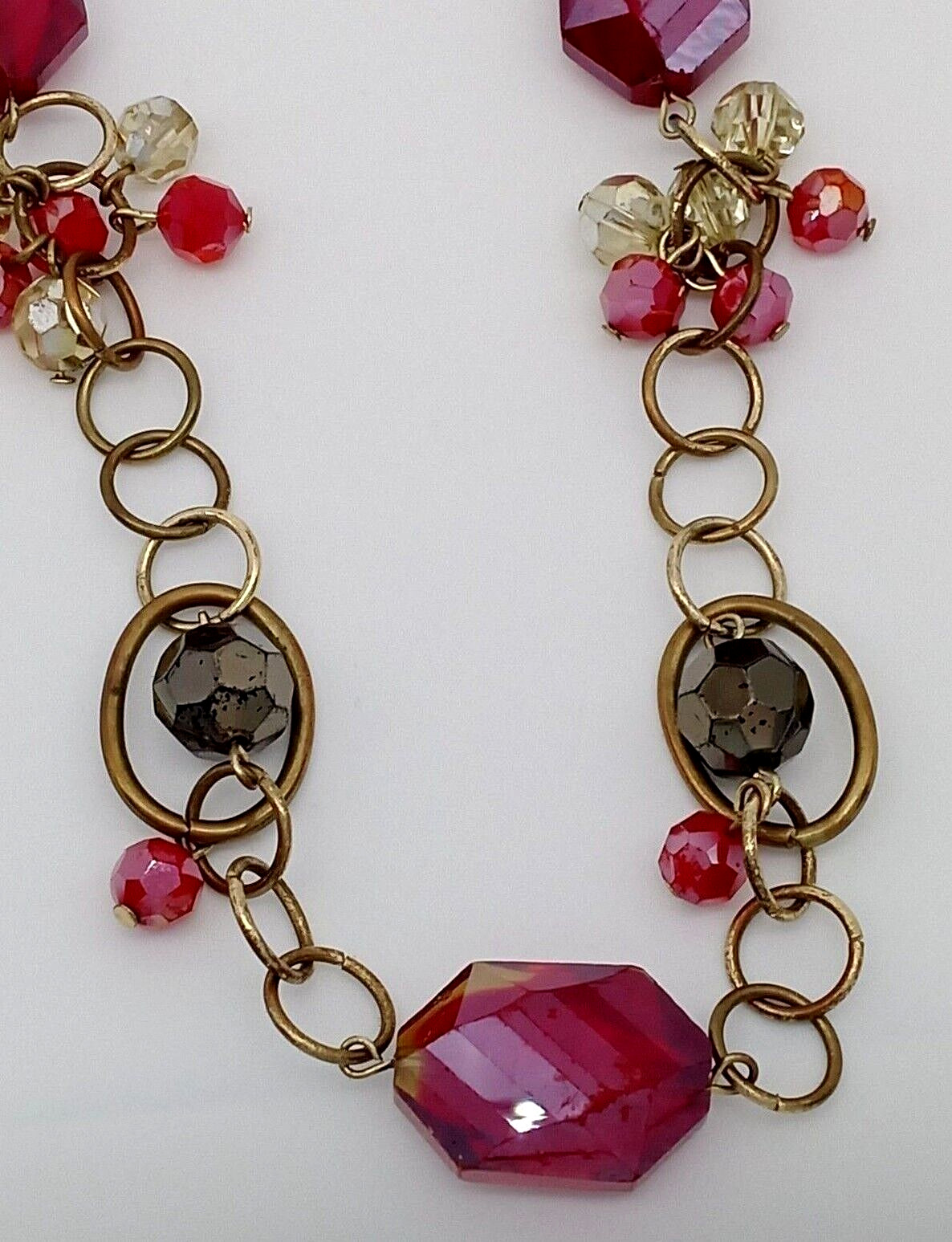 Ruby Red Beaded Necklace Faceted Gold Metal Rings Chain Single Strand Sparkly!