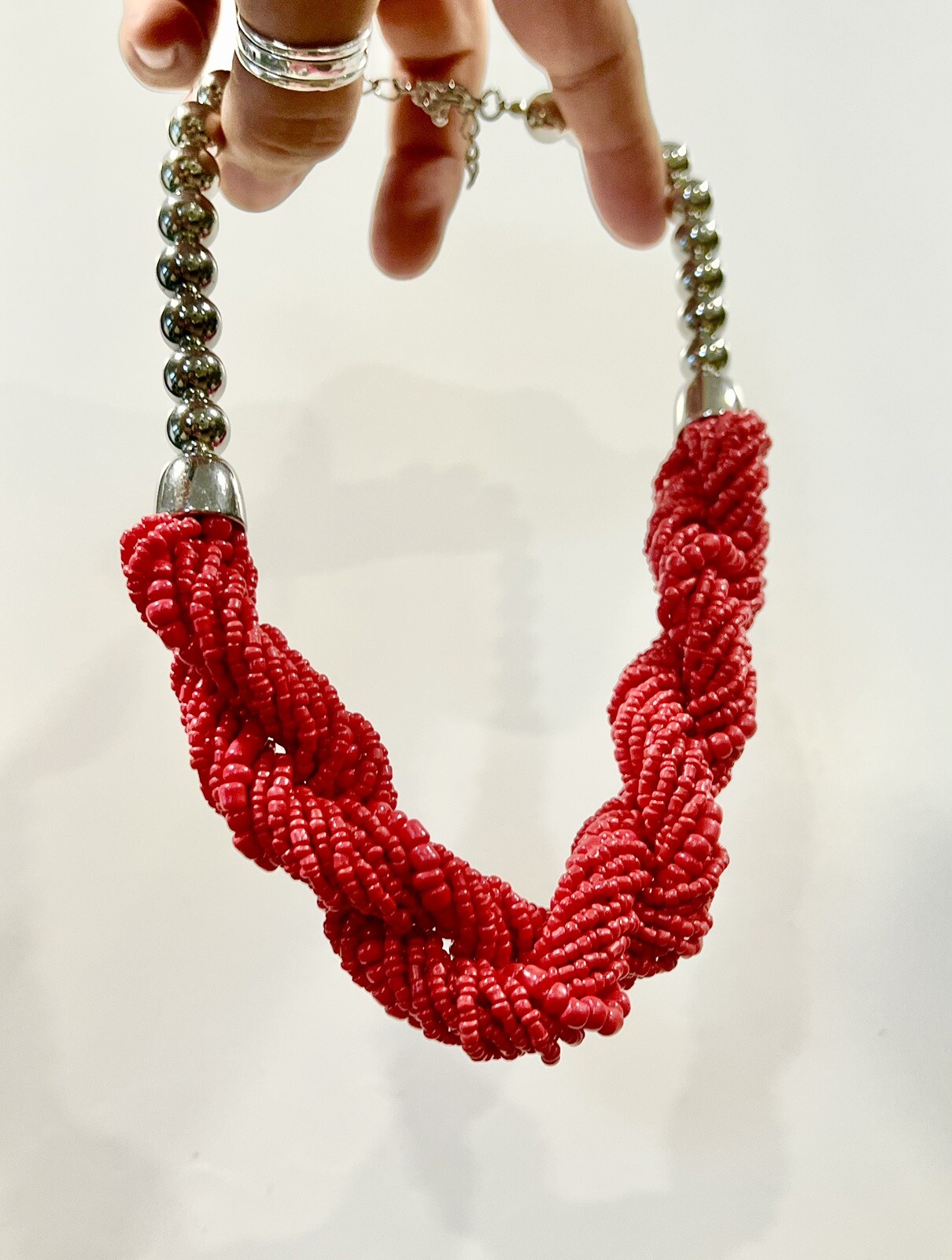 New Red Coral Seed Bead Twisted Necklace 16 inches W/ adjustable 3 Inch Extender