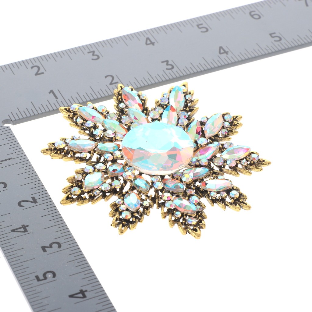 Antique Gold Alloy Metal Large Crystal Rhinestone Flower Brooch P1611-GAB