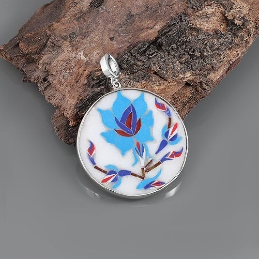 Marble Inlay Multicolor Round Pendant for Women in 925 Sterling Silver
