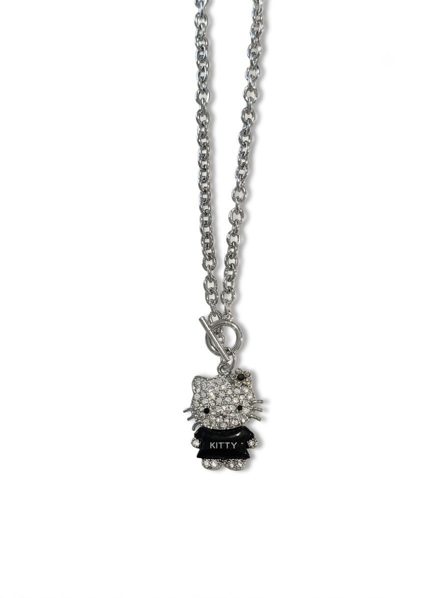 Hello Kitty Silver Tone Rhinestone Crystal Charm Pendant Toggle Cable Necklace