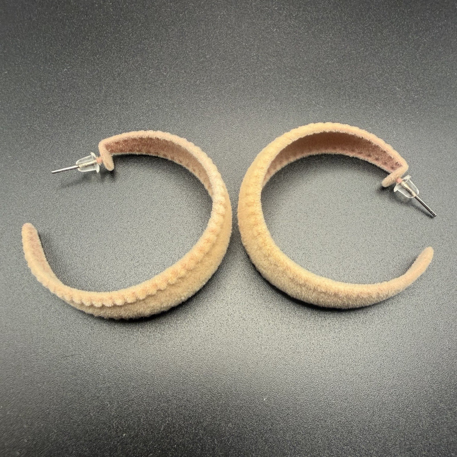 Chunky Velvet Hoop Earrings – Fuzzy Tan Beige Plush Open C Shape Studs Women’s