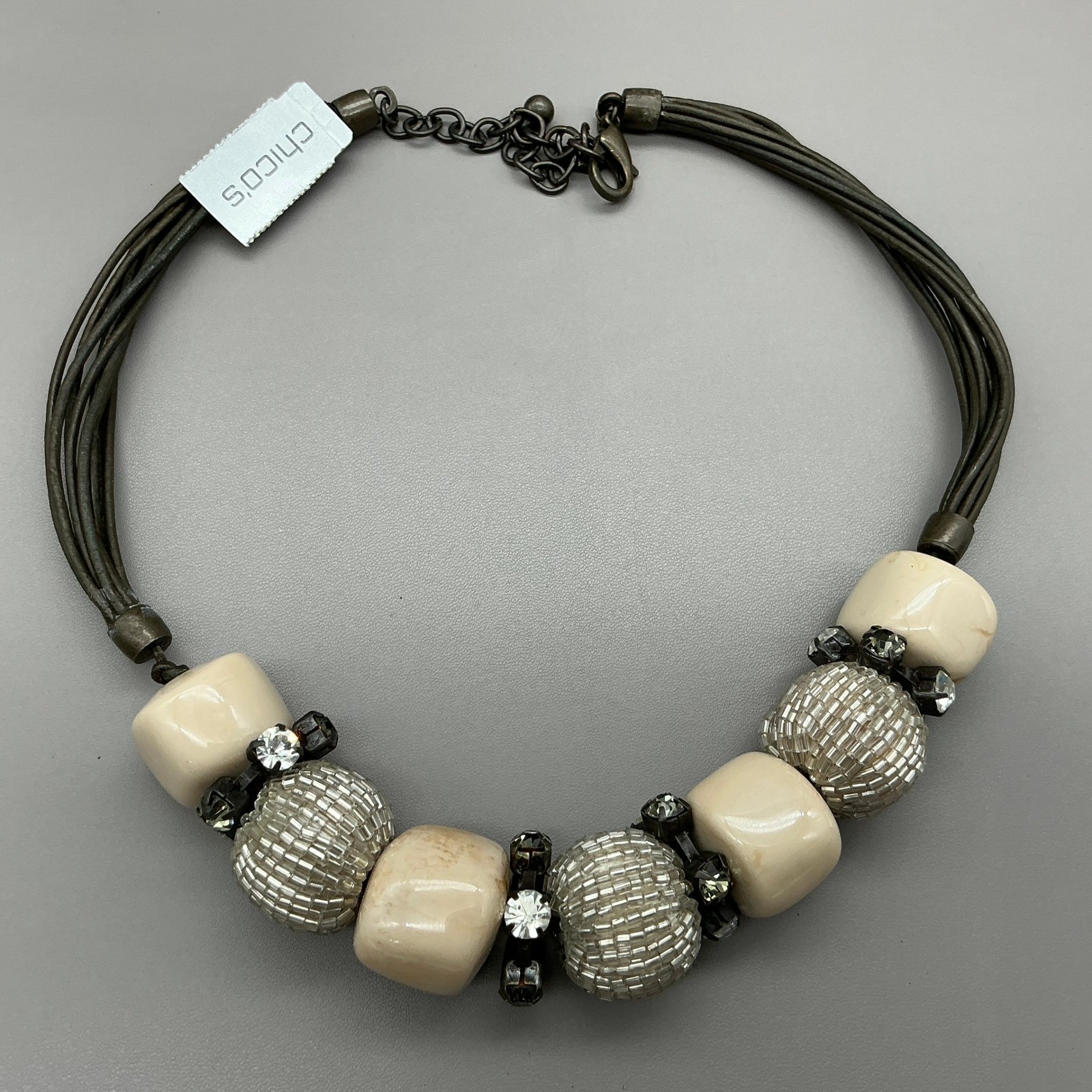 Chicos Necklace Womens Tan Multi Strand Beaded Statement Rhinestone 20 Inches