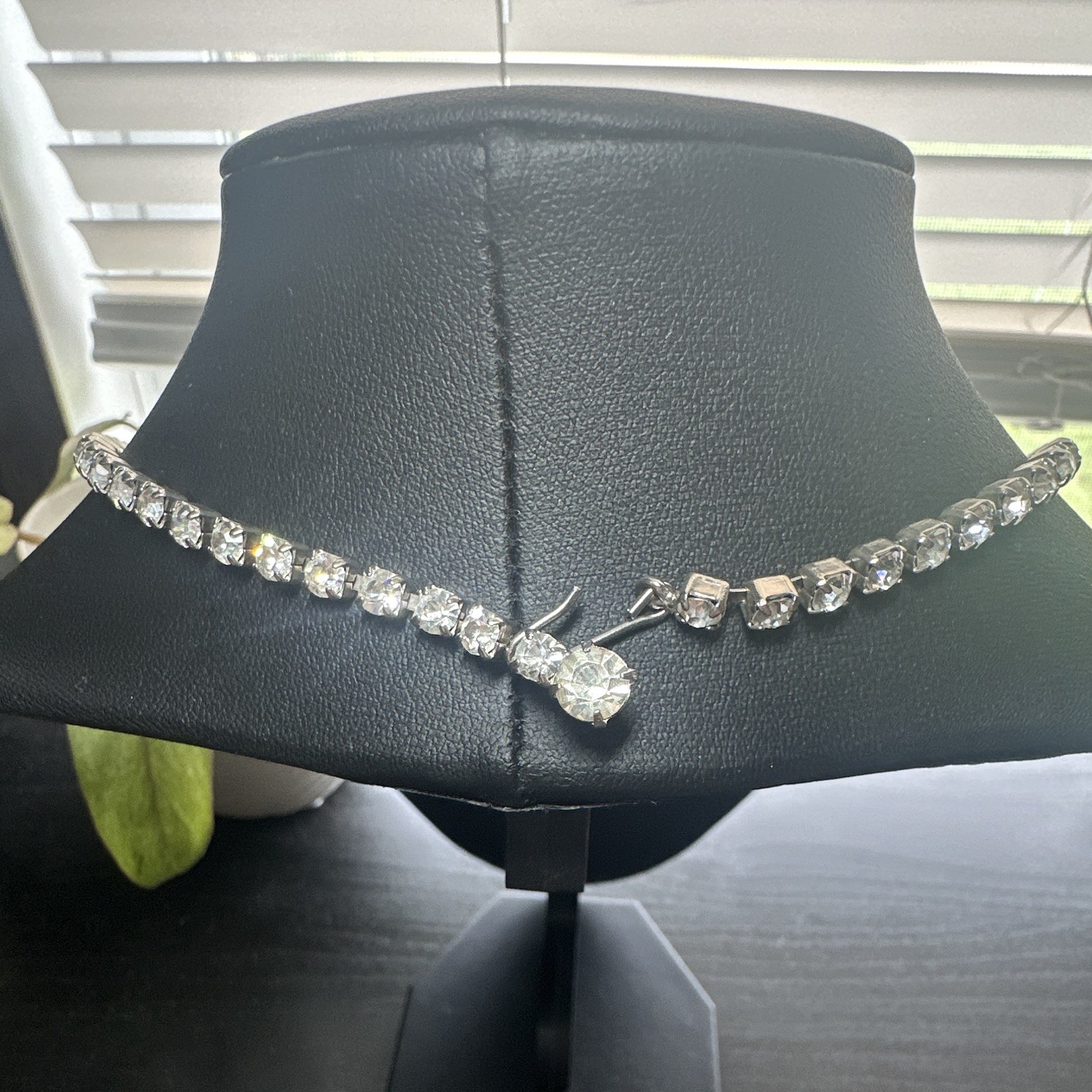 WEISS Signed Silver Tone Clear Crystal Tennis Choker Necklace Hook 12-18in