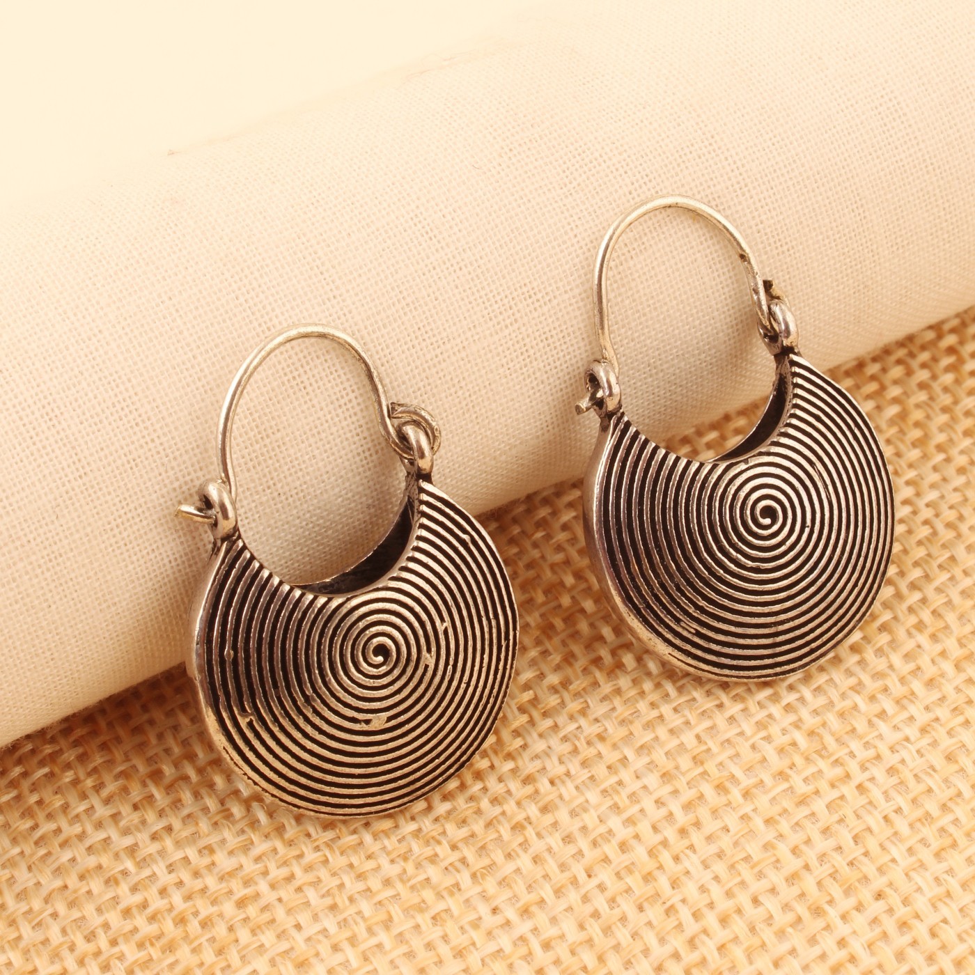 Silver Plated Spiral Disc Hoop Earrings for Women, Handmade Boho Round Earring
