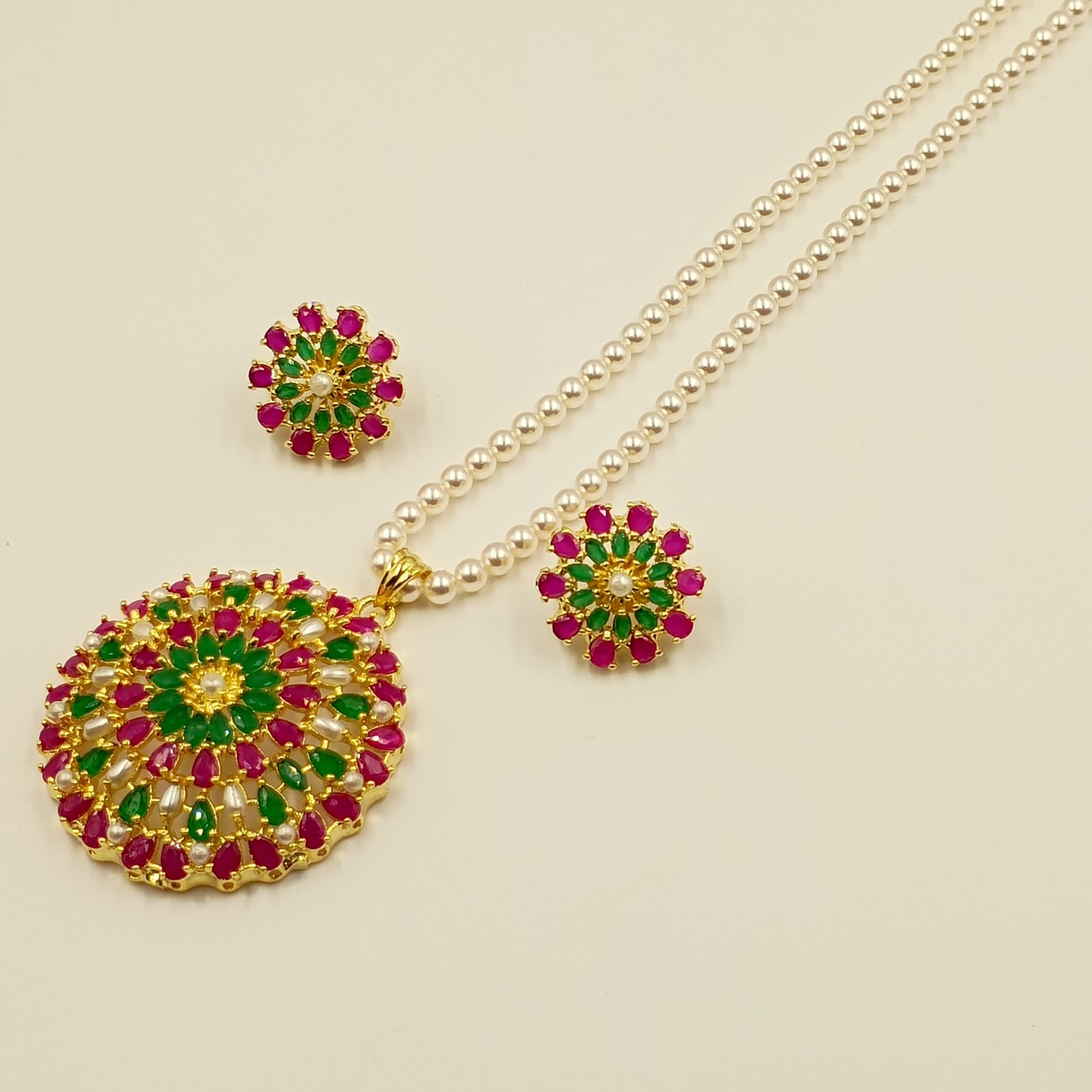 Ruby Emerald & Pearl Pendant Set 22k Gold Plated Traditional Indian Jewelry Gift