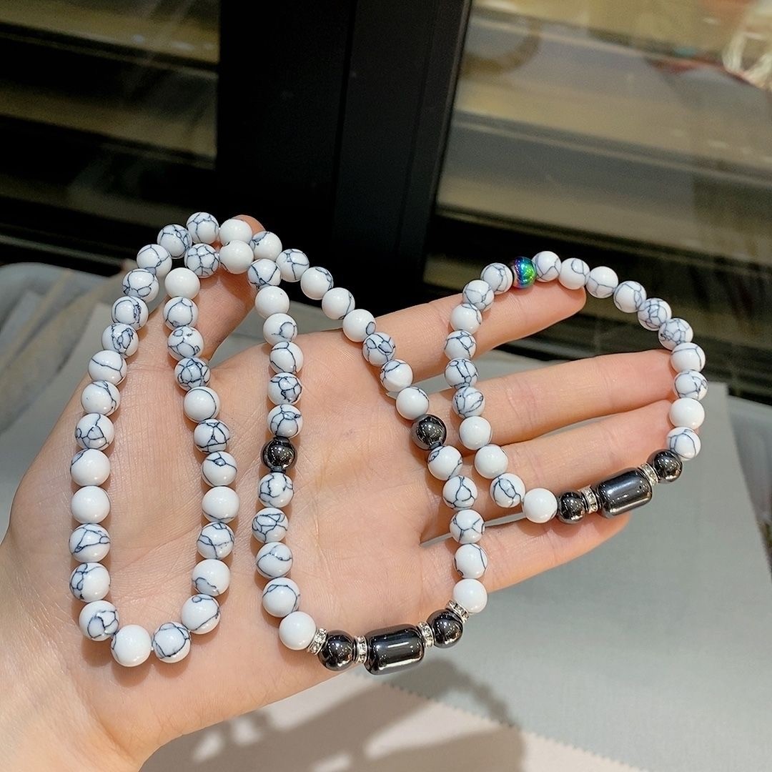 White Cracked Stone Pearl Jewelry Set Bead Necklace Bracelet Unisex Zen Collar