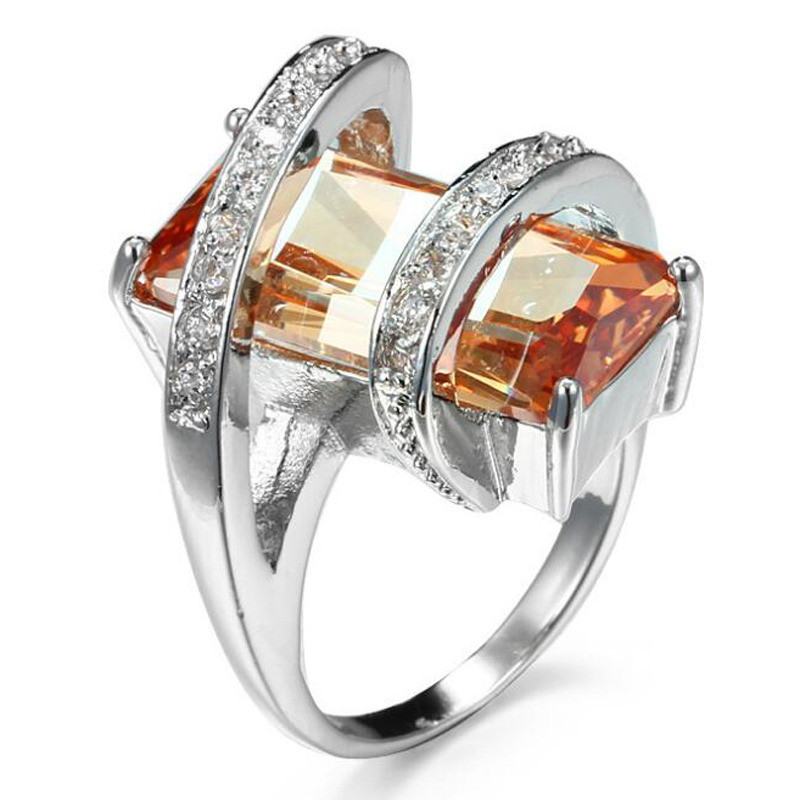 Natural Rectangle Honey Morganite White Zirone Gems Silver Wedding Ring Sz 6-10