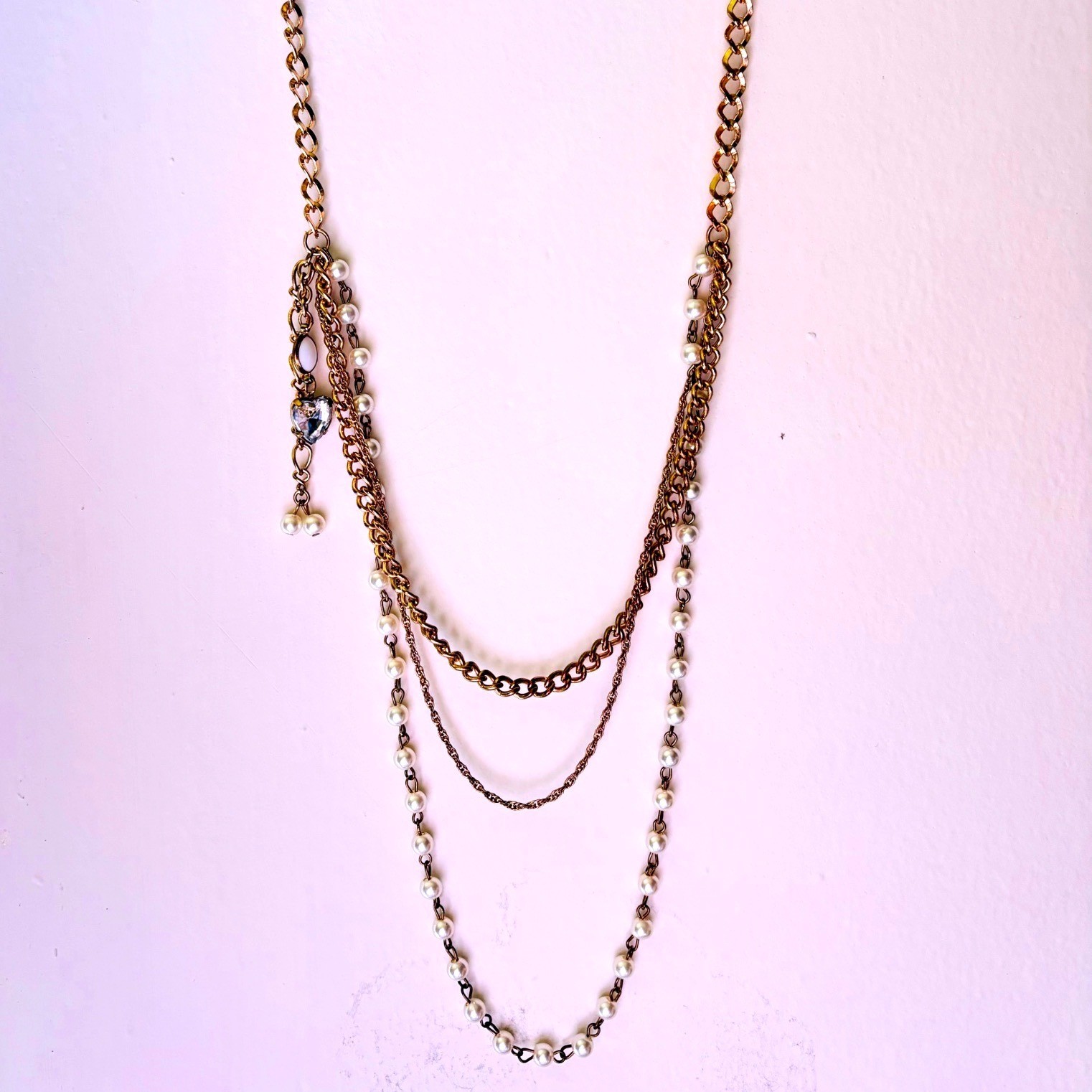 Gold Tone Multi Strand Layered Necklace Heart Pearl Charm Tiered Statement Chain