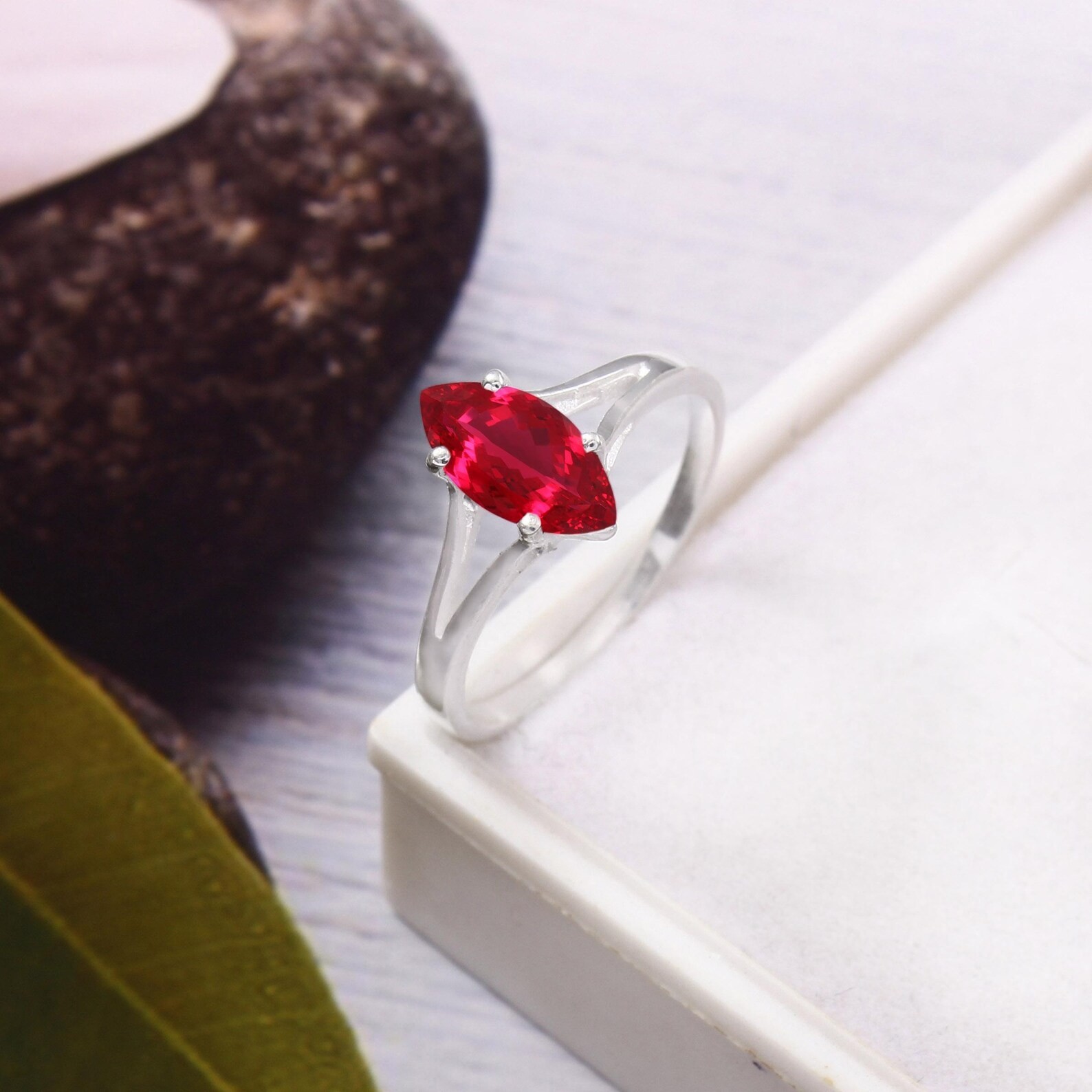 AAA Flawless Mozambique Ruby Ring: 925 Sterling Silver Marquise Cut 10 x 5 mm