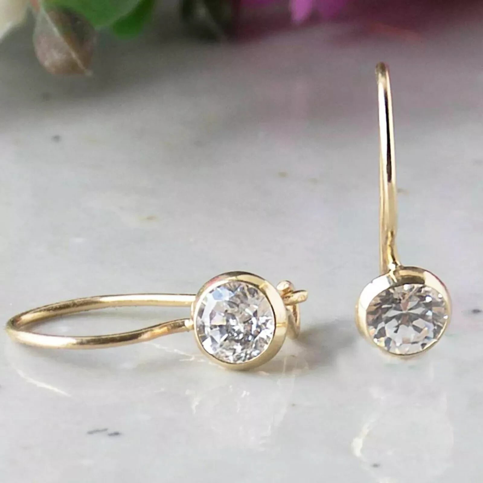 14K Yellow Gold Plated 2Ct Round Cut Simulated Diamond Fancy Bezel Drop Earrings