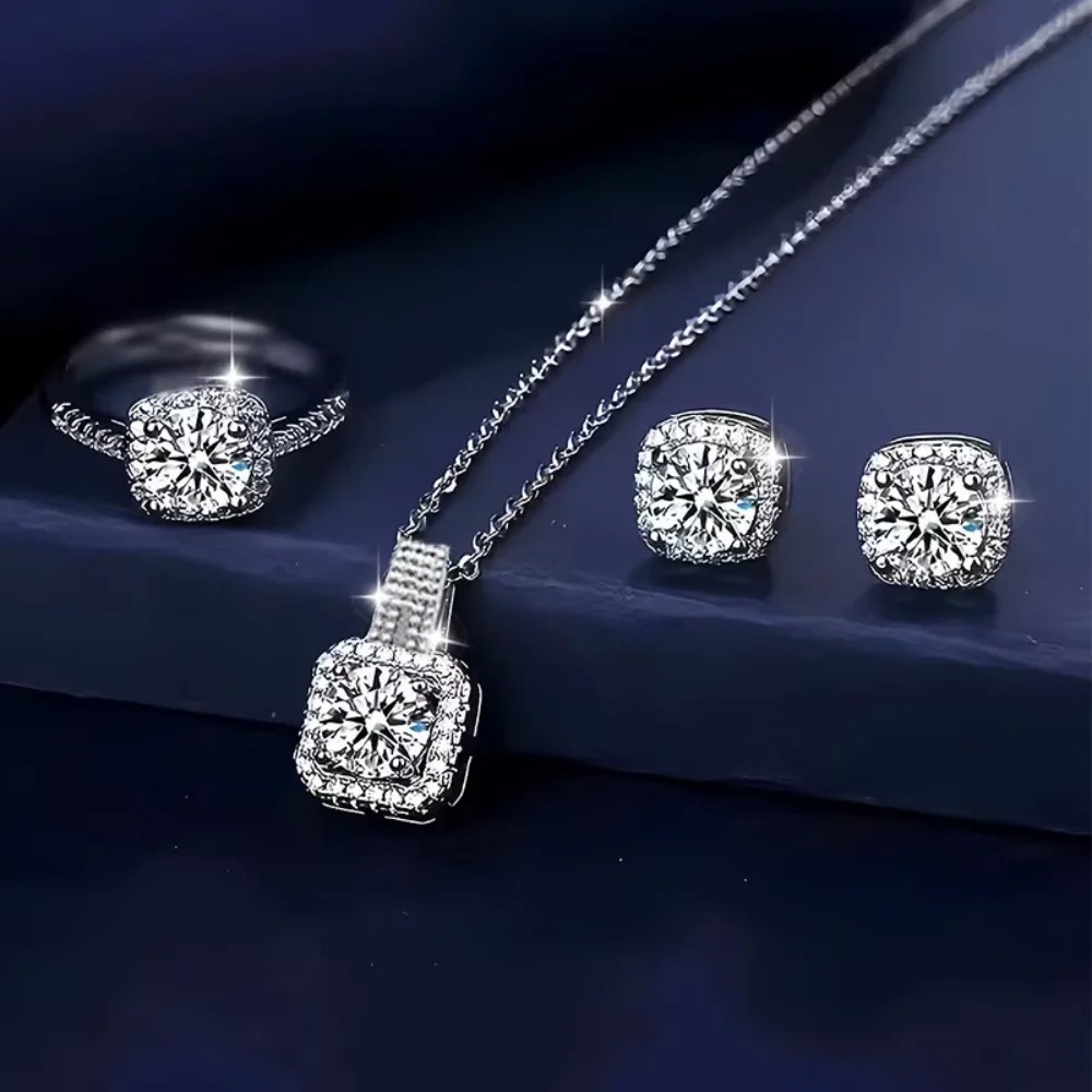 Share 3PCS CZ Stone Jewelry Set Necklace Earrings Ring Silver Tone Women Gift