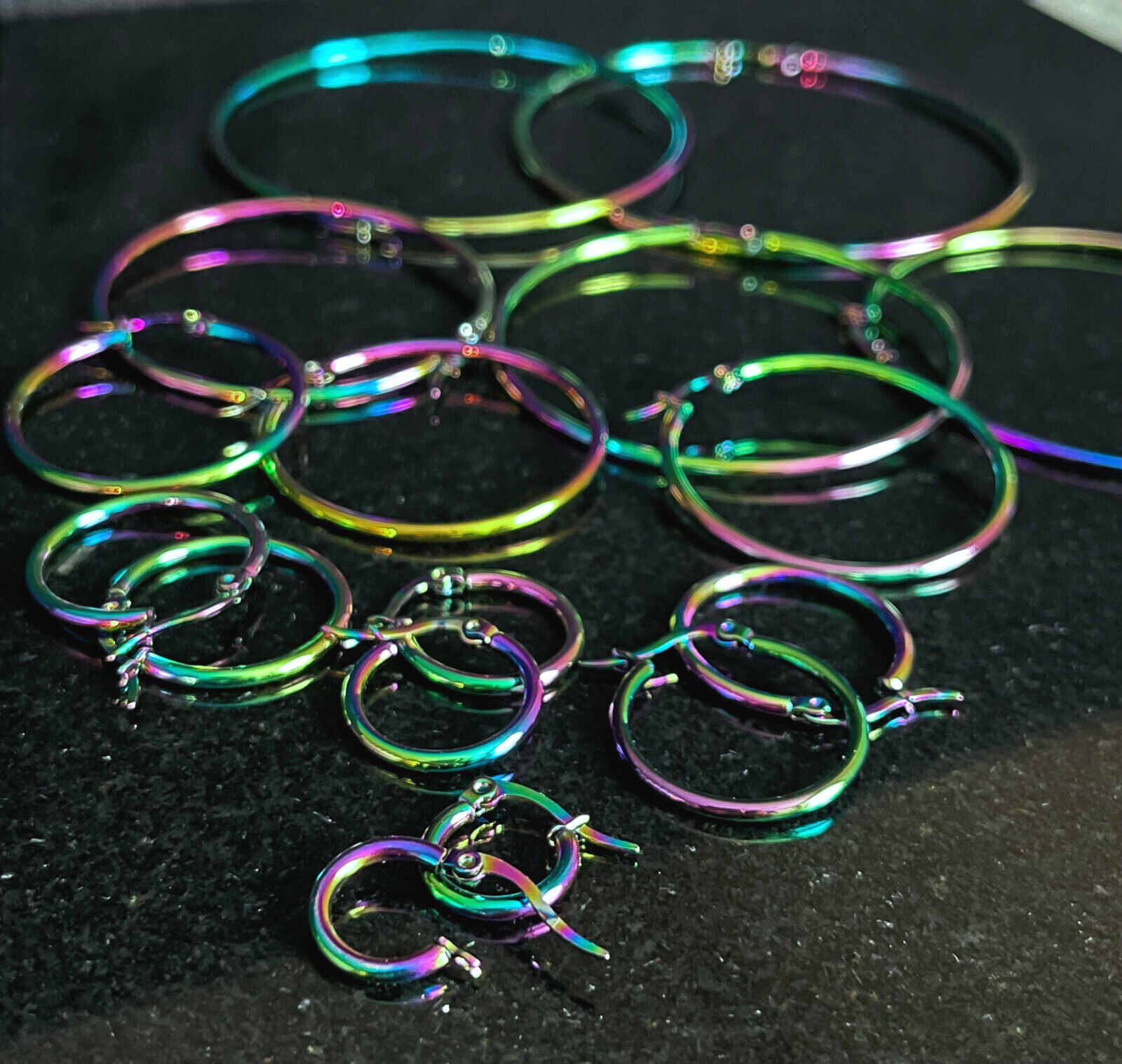 PAIR of Round Hoop Earrings 22g Rainbow Multi-color Ion Plated Stainless Steel
