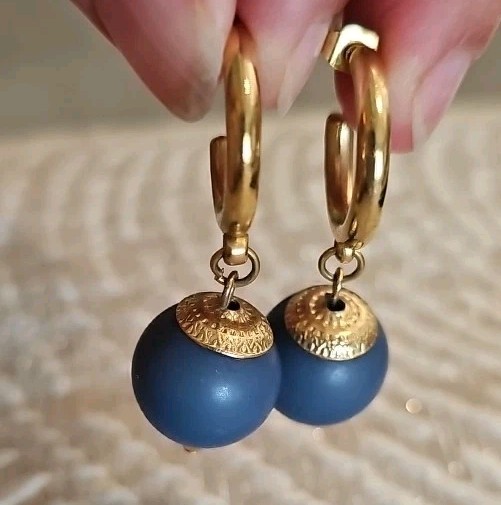 Pierced Dangle Post Earrings Goldtone Hoop W/Round Blue Wood Ball 1 3/4″ L