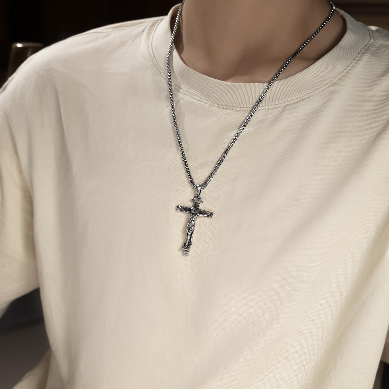 BGCOPPER Sterling Silver Crucifix Pendant Necklace for Men, Jesus Cross Neckl…
